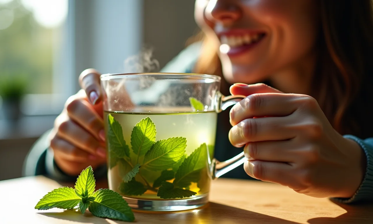 Chá de hortelã fresco em infusão, vapor quente subindo, destacando a refrescância e os benefícios digestivos.