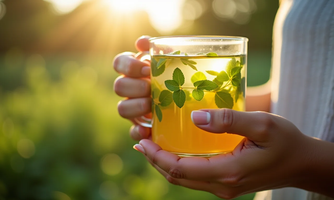 Chá de melissa em infusão, com folhas de erva-cidreira e a luz do sol realçando suas propriedades calmantes.