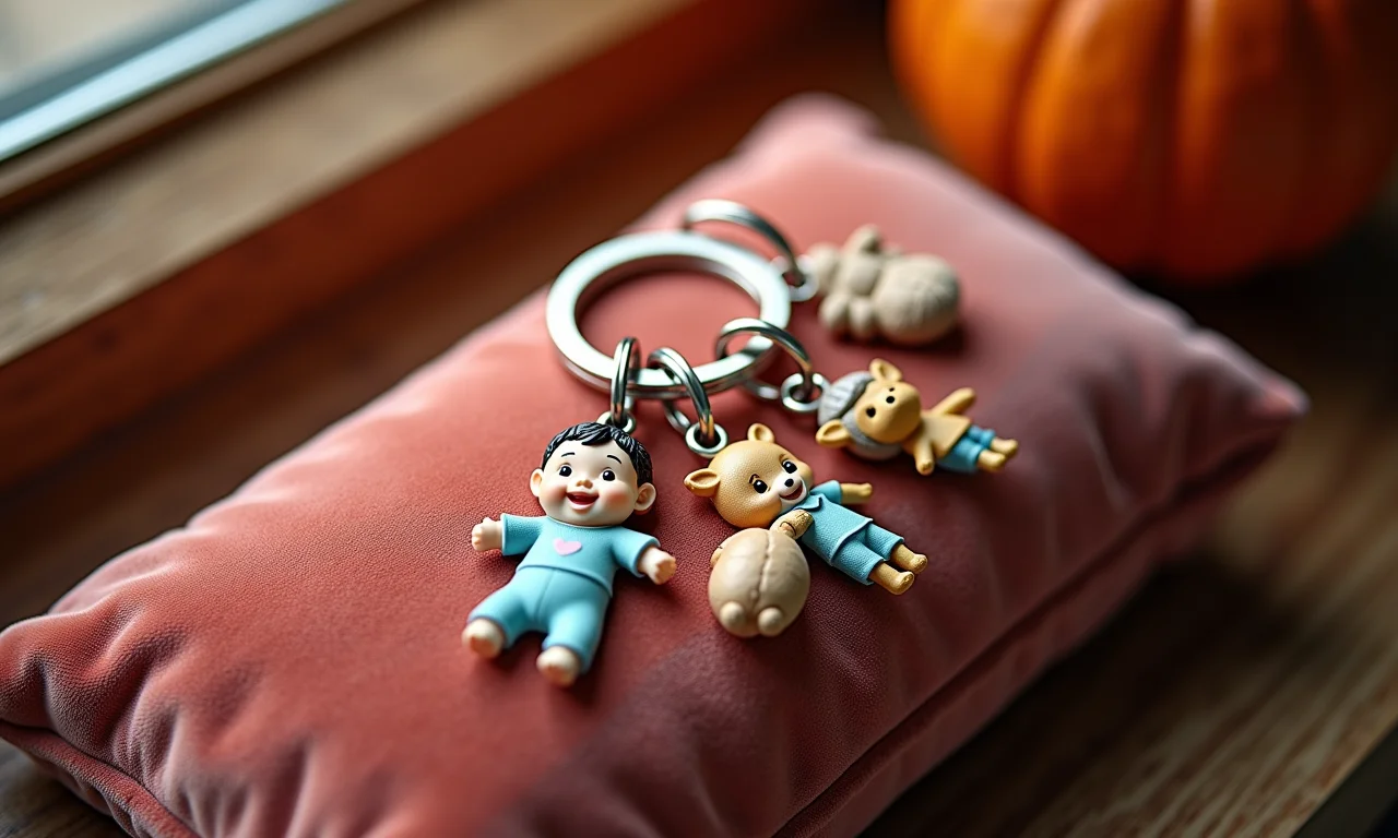 Chaveiros personalizados com pingentes de bebê exibidos em almofada de veludo.
