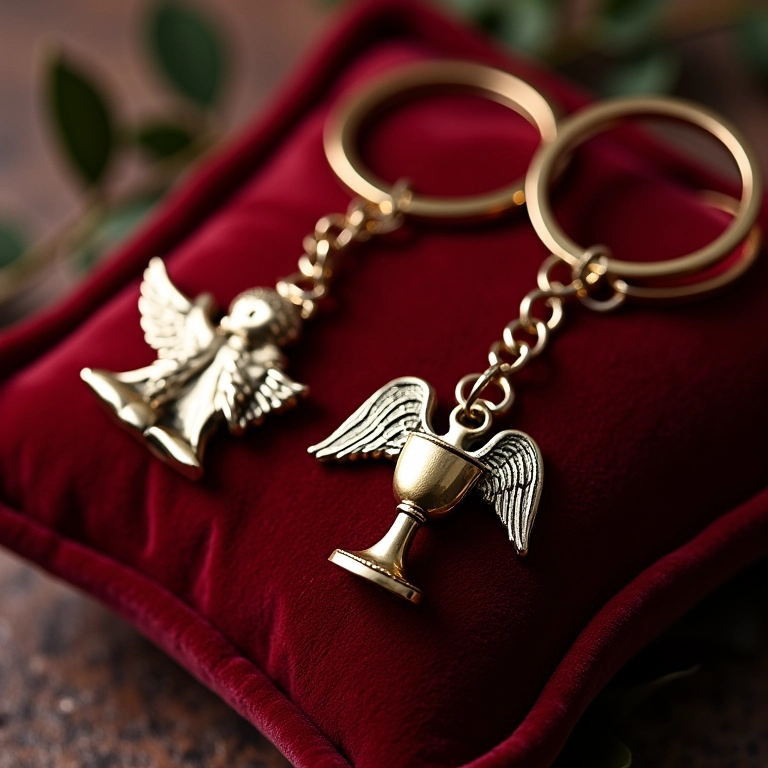 Chaveiros temáticos com anjinhos ou cálices para lembrancinha de Primeira Eucaristia.