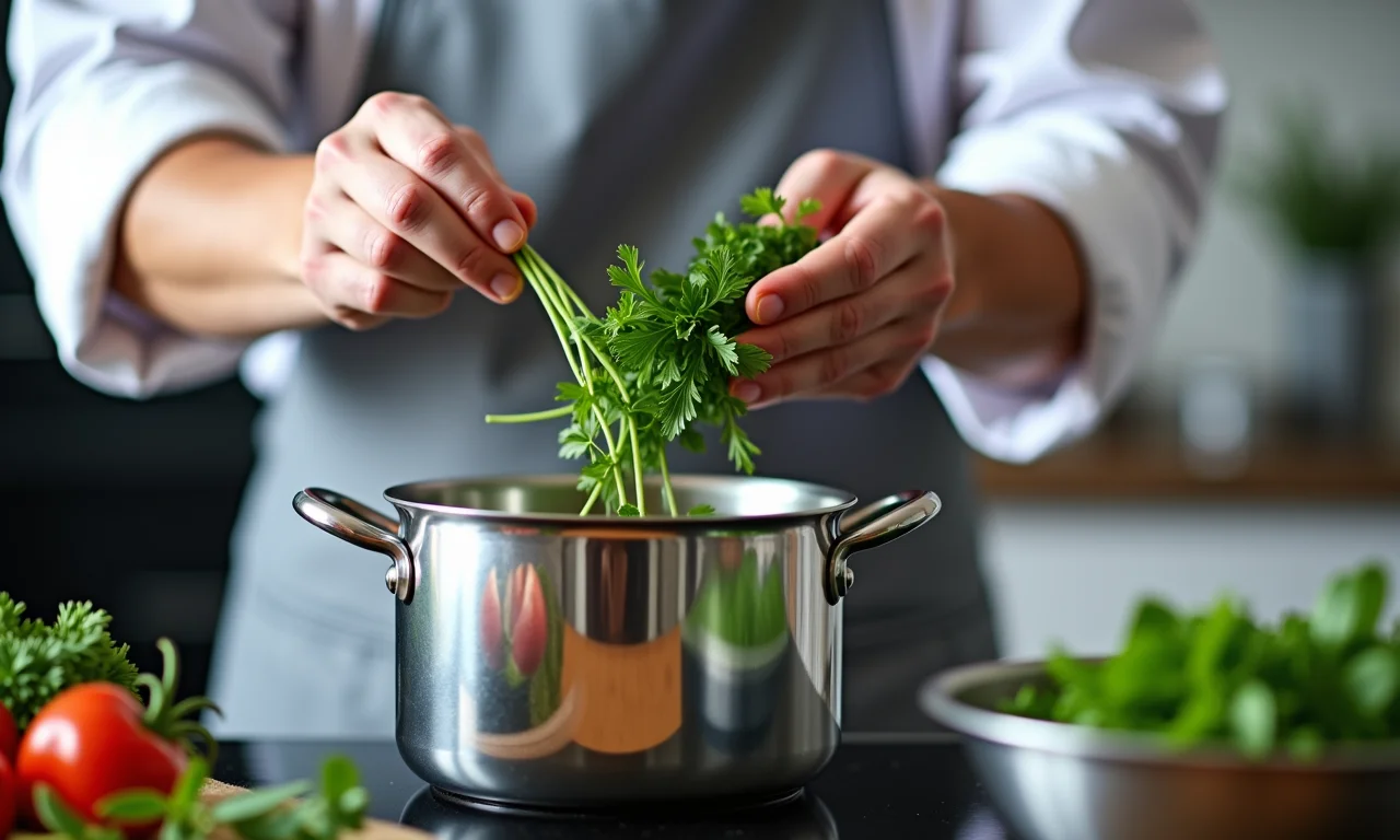 Chef adicionando ervas à canja, revelando o segredo do sabor.