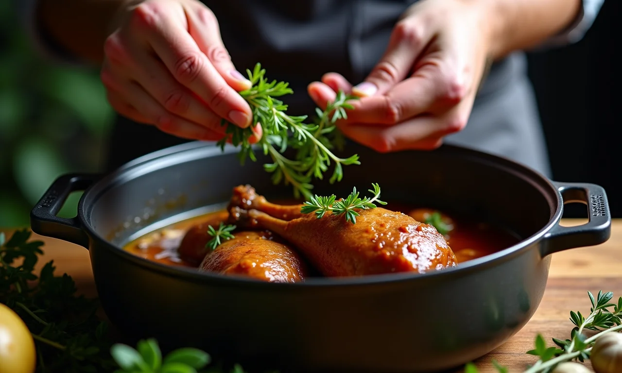 Chef adicionando ervas e alho ao confit de pato para sabor extra.