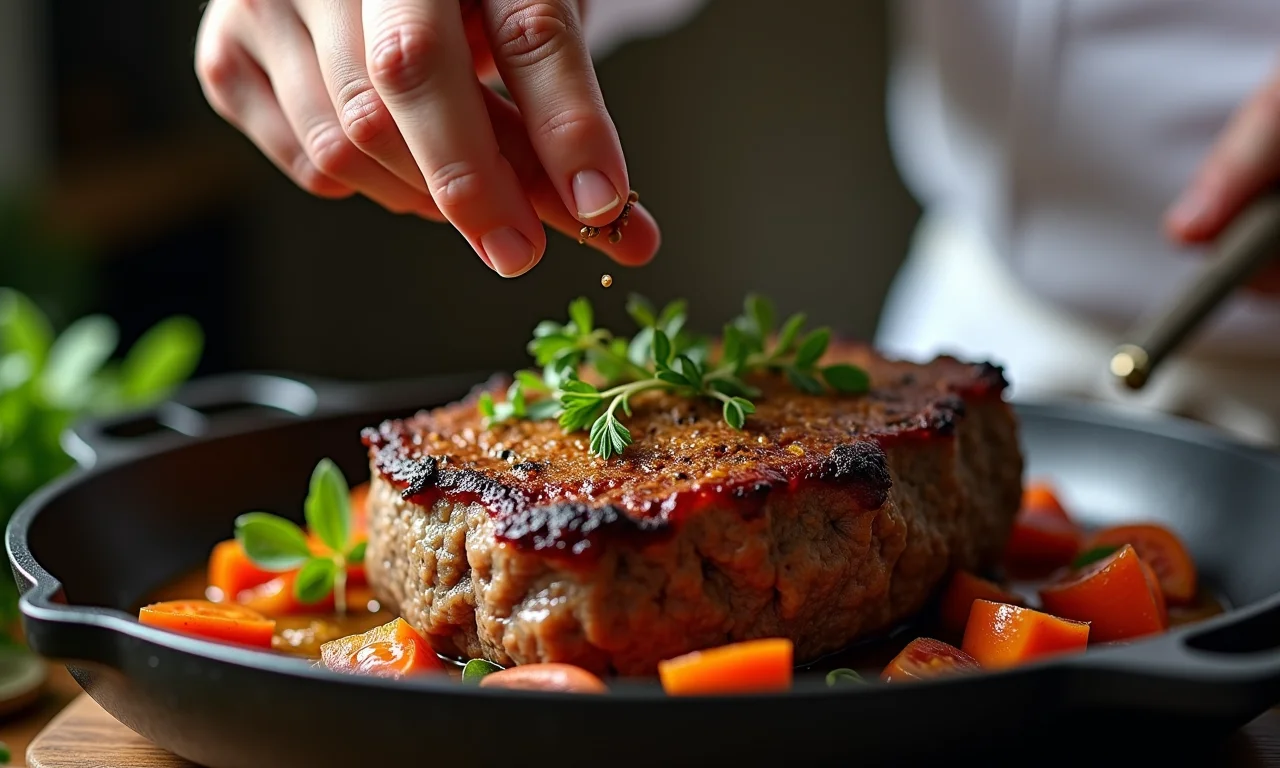 Chef adicionando ingrediente secreto ao bife de panela.