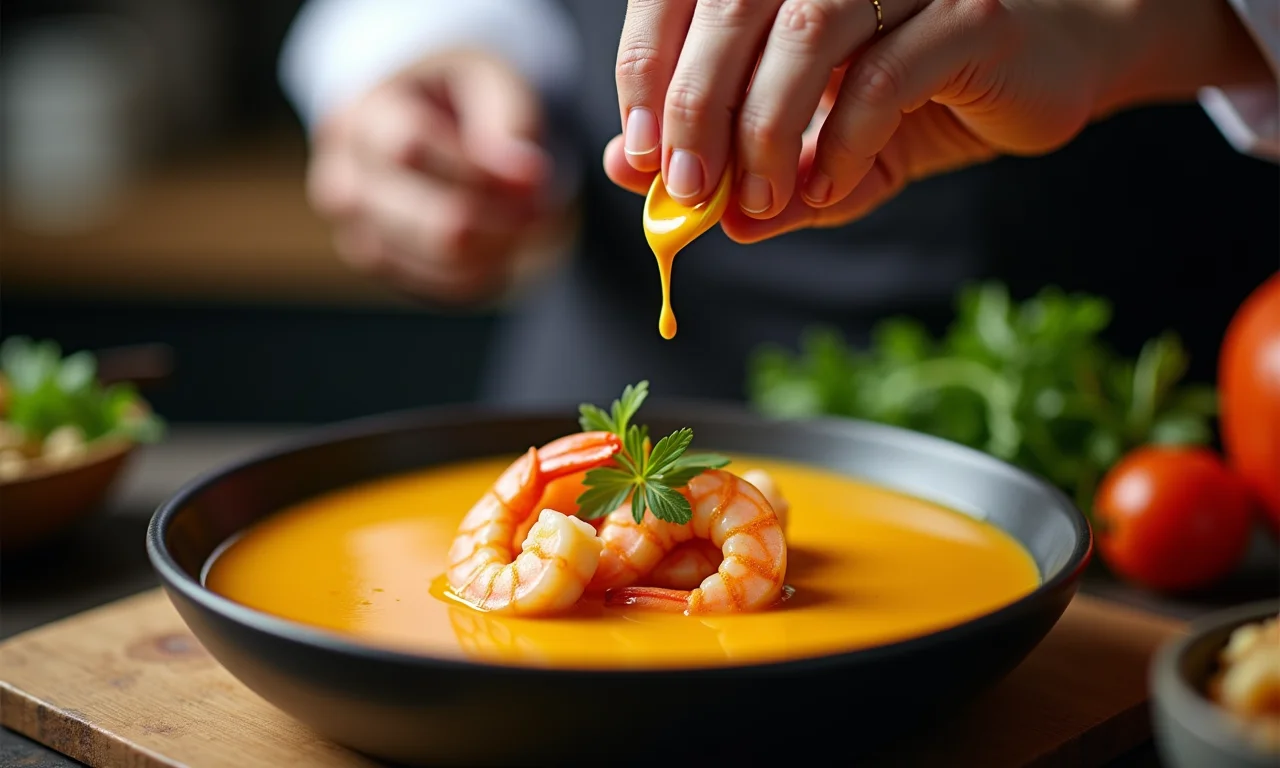 Chef adicionando ingrediente secreto ao caldo de camarão.