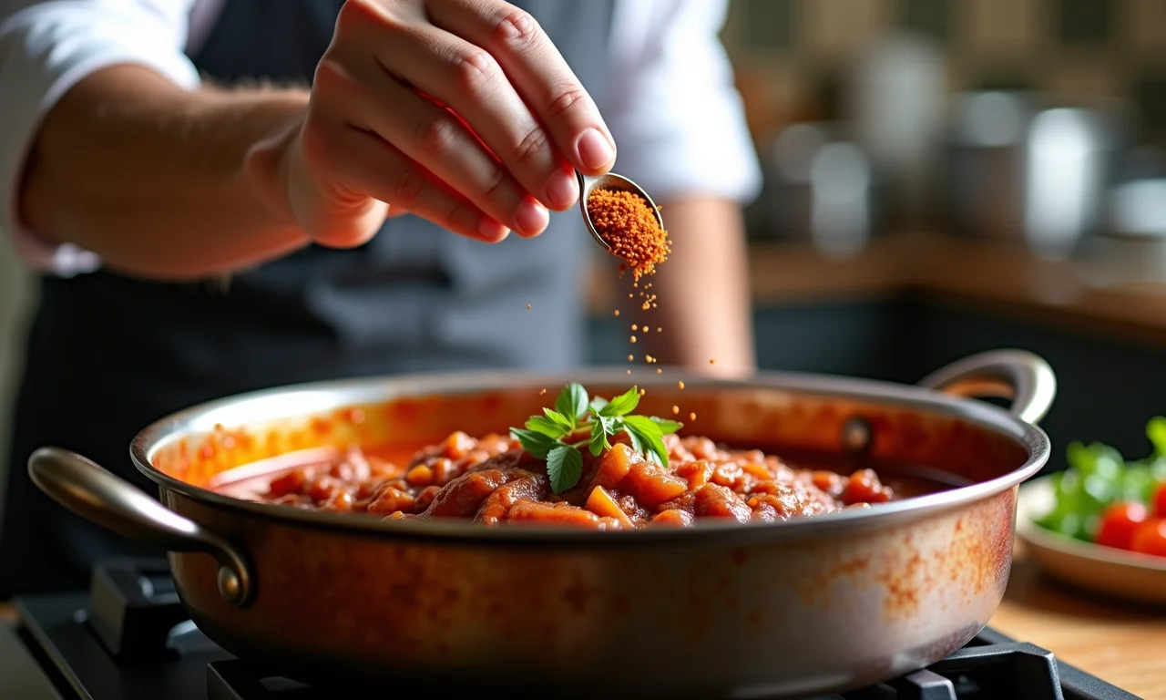 Chef adicionando ingrediente secreto ao molho de carne.