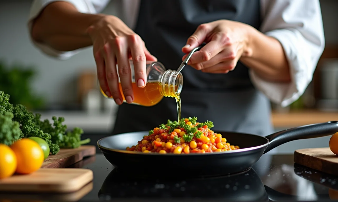 Chef adicionando óleo de macaúba em uma panela durante o preparo de uma receita.