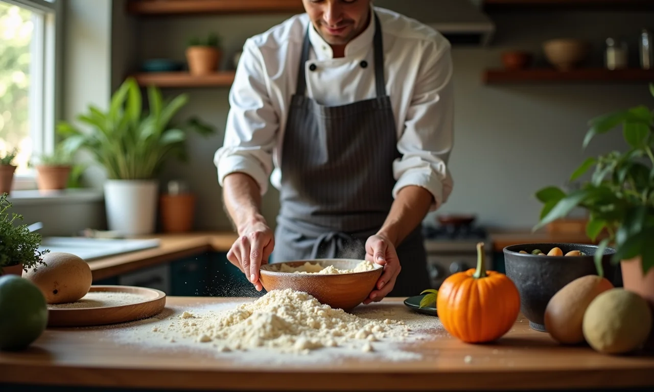 Chef demonstrando uso da farinha de jatobá na cozinha brasileira.