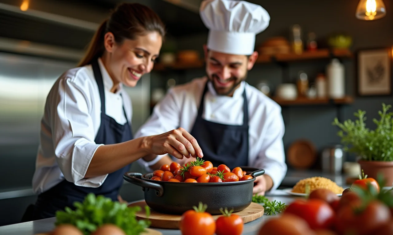 Chef especialista finalizando cassoulet.