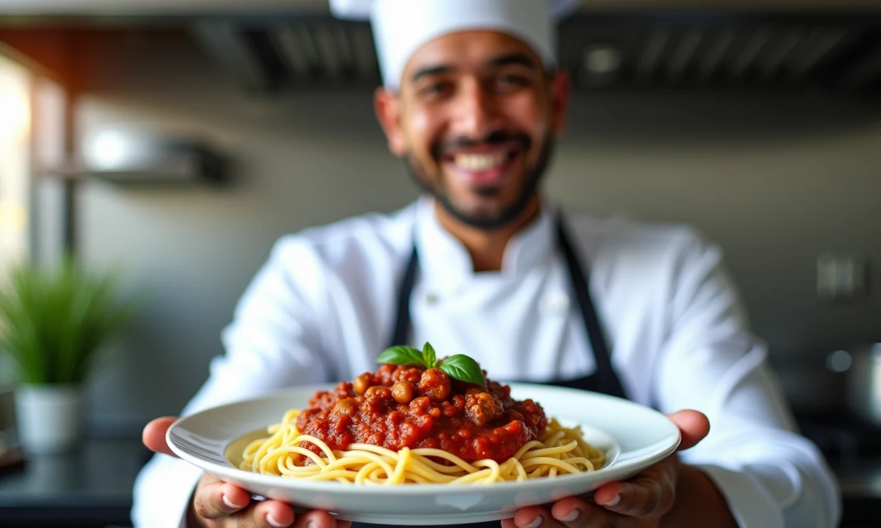 Chef experiente segurando prato de macarronada.