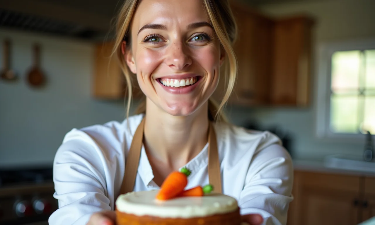 Chef experiente segurando um delicioso bolo de cenoura.