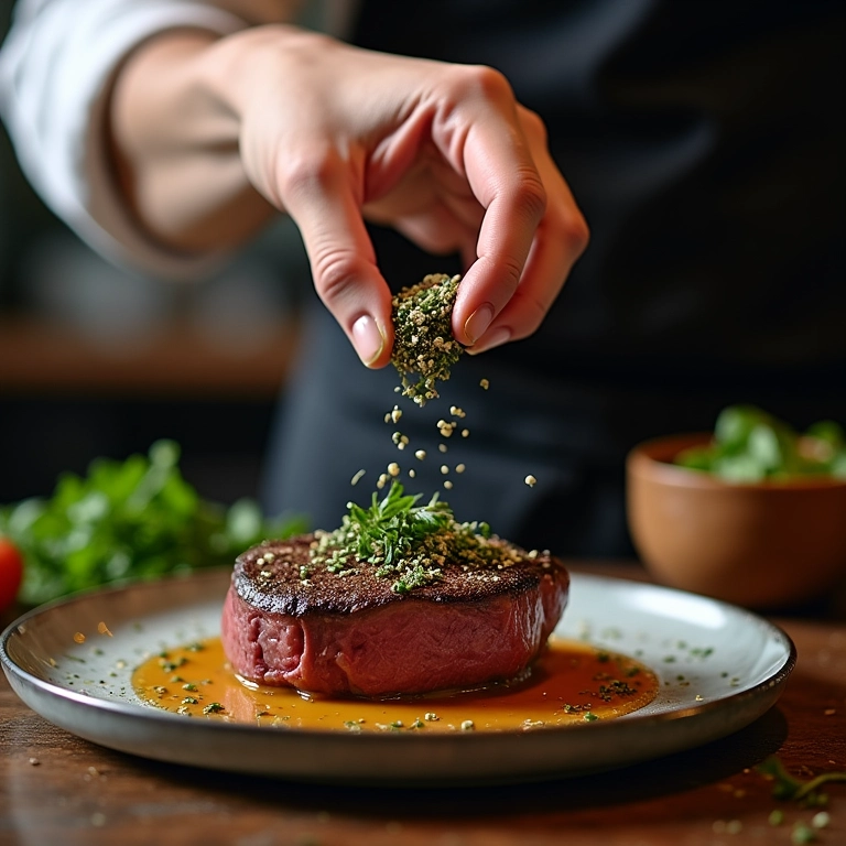 Chef finalizando bife ao molho madeira.