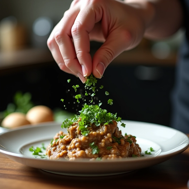 Chef finalizando prato de estrogonofe com salsinha.