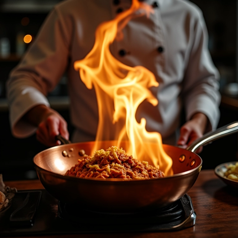 Chef flambando estrogonofe com conhaque.