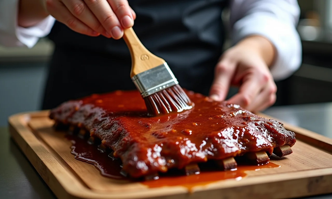 Chef pincelando molho barbecue em costela suína.