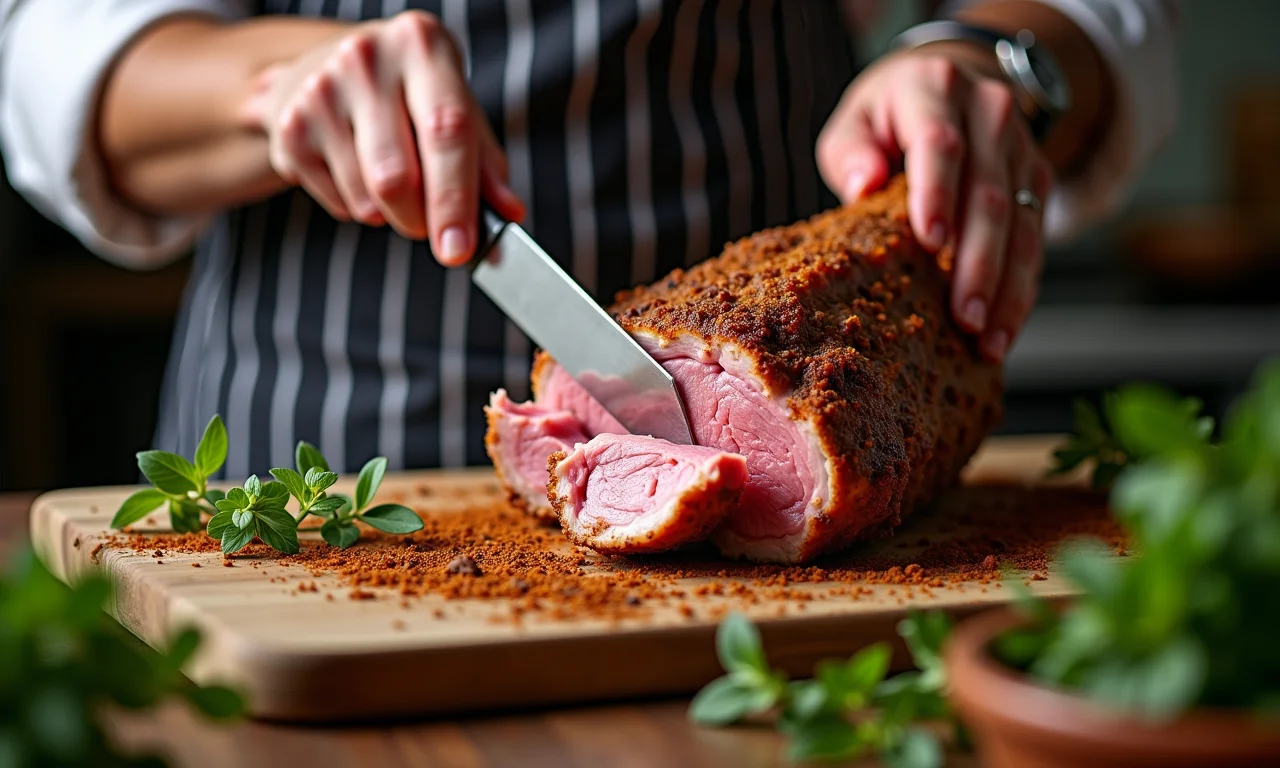 Chef preparando carré suíno com especiarias e ervas na cozinha.