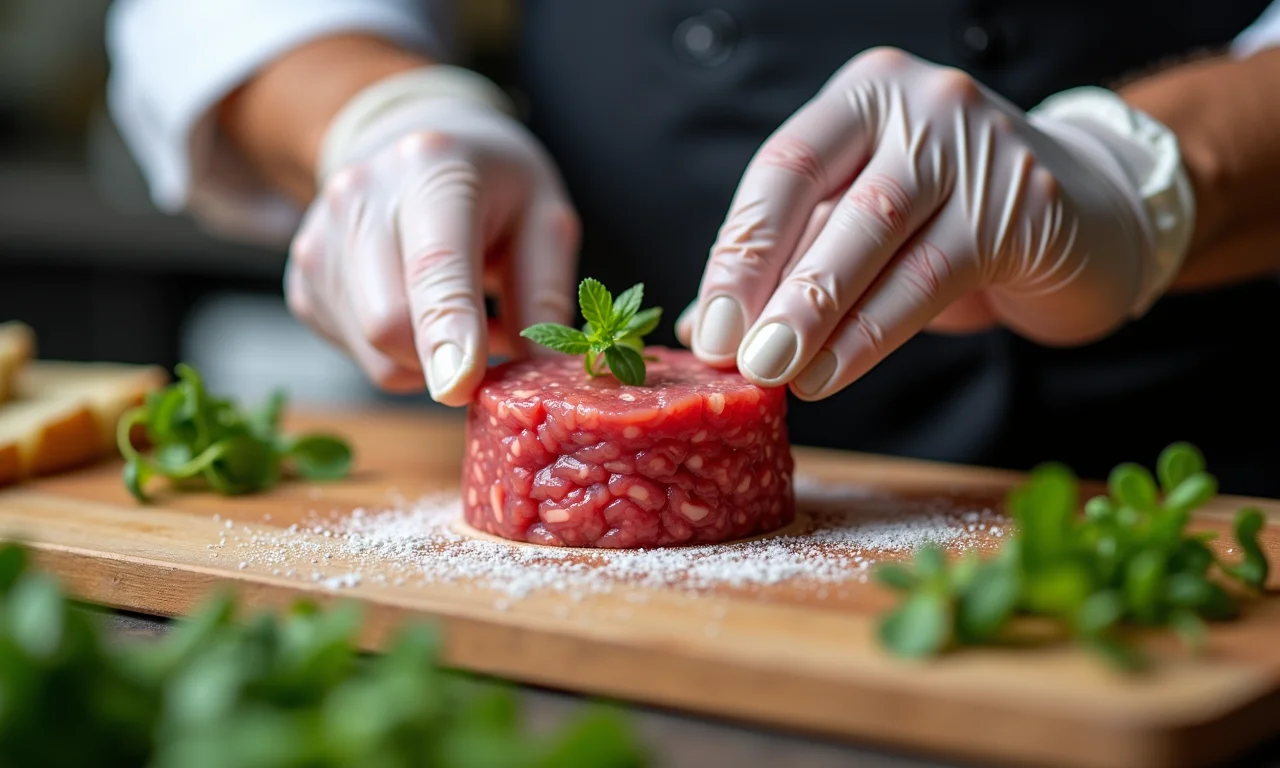 Chef preparando steak tartare com higiene e segurança alimentar.