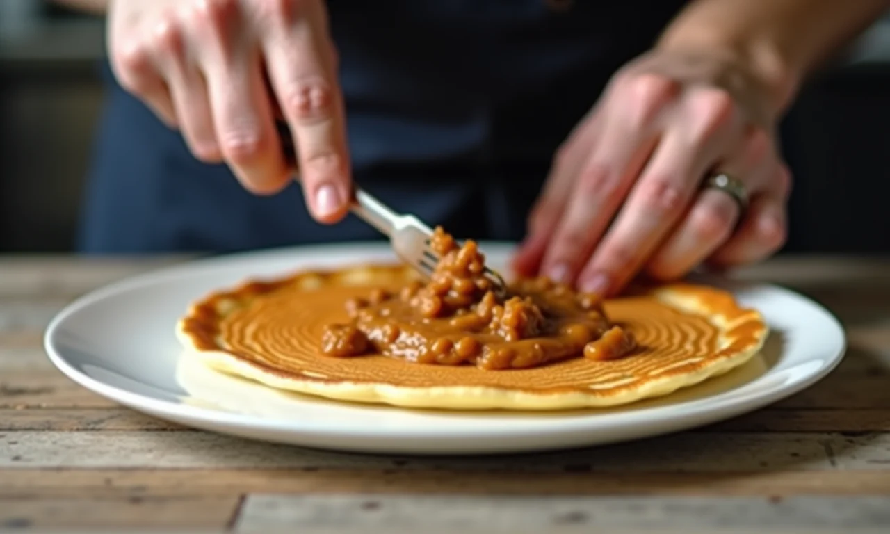 Chef preparando um recheio para panqueca com técnica e habilidade.