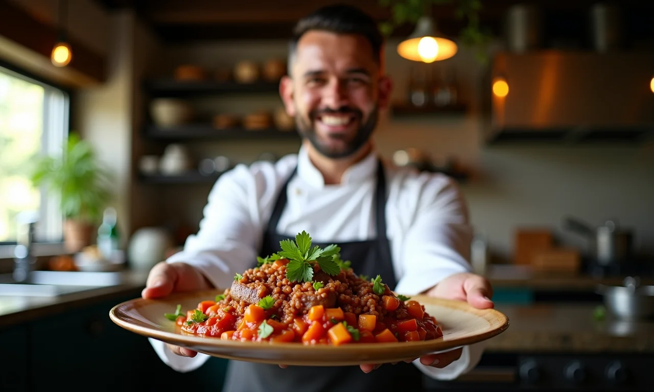 Chef sorrindo, apresentando uma deliciosa panqueca de carne moída.