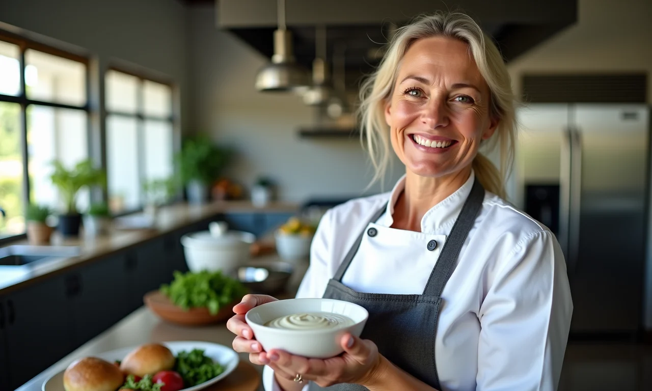 Chef sorrindo exibe molho branco perfeito em cozinha moderna.