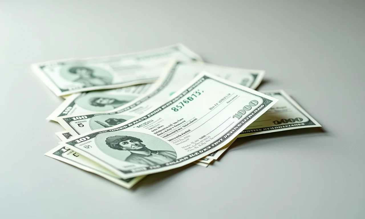 Cheques de pagamento espalhados, representando saldo de salário devido.