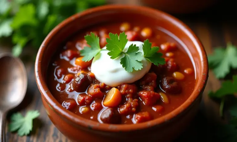 Chili com carne fumegante em tigela de barro, com coentro e creme azeda.