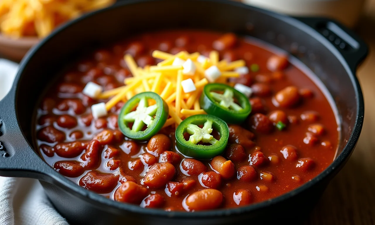 Chili com carne tradicional servido em panela de ferro com queijo, cebola e pimenta.