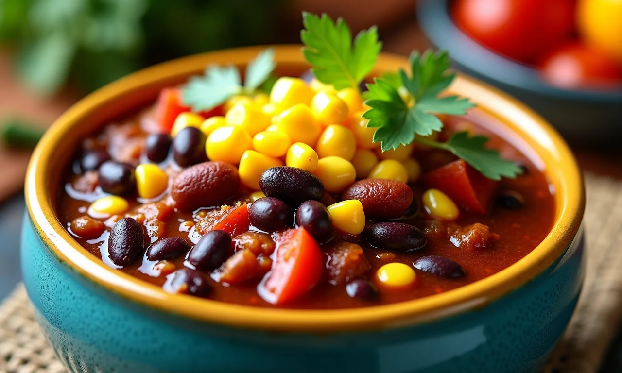 Chili com carne vegano com feijão preto, milho e pimentões em tigela colorida.