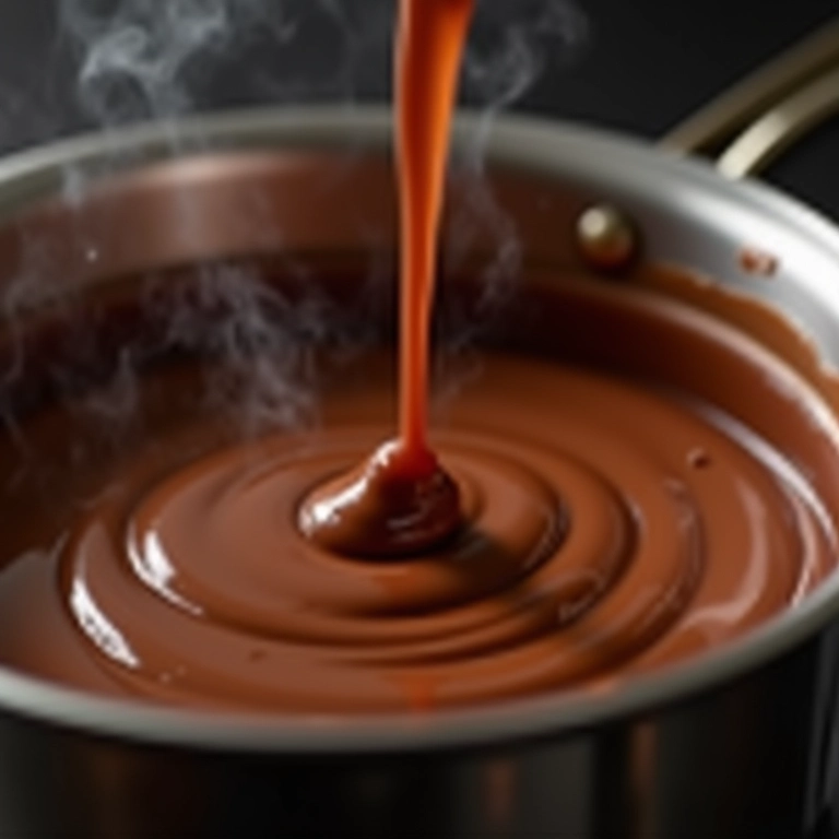 Chocolate derretendo em banho-maria, com textura lisa e brilhante.