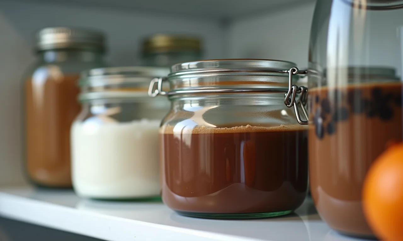 Chocolate quente armazenado em um recipiente de vidro na geladeira.