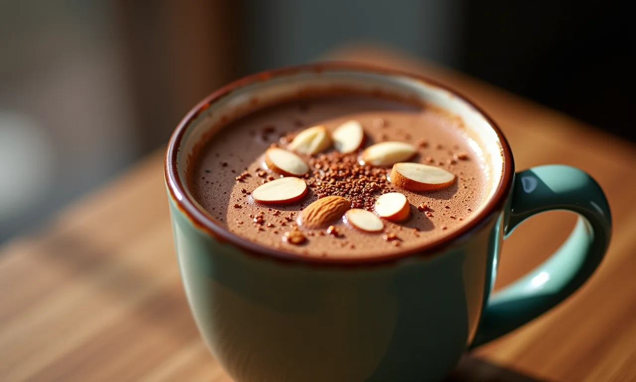Chocolate quente com amêndoas fatiadas em uma xícara estilosa.