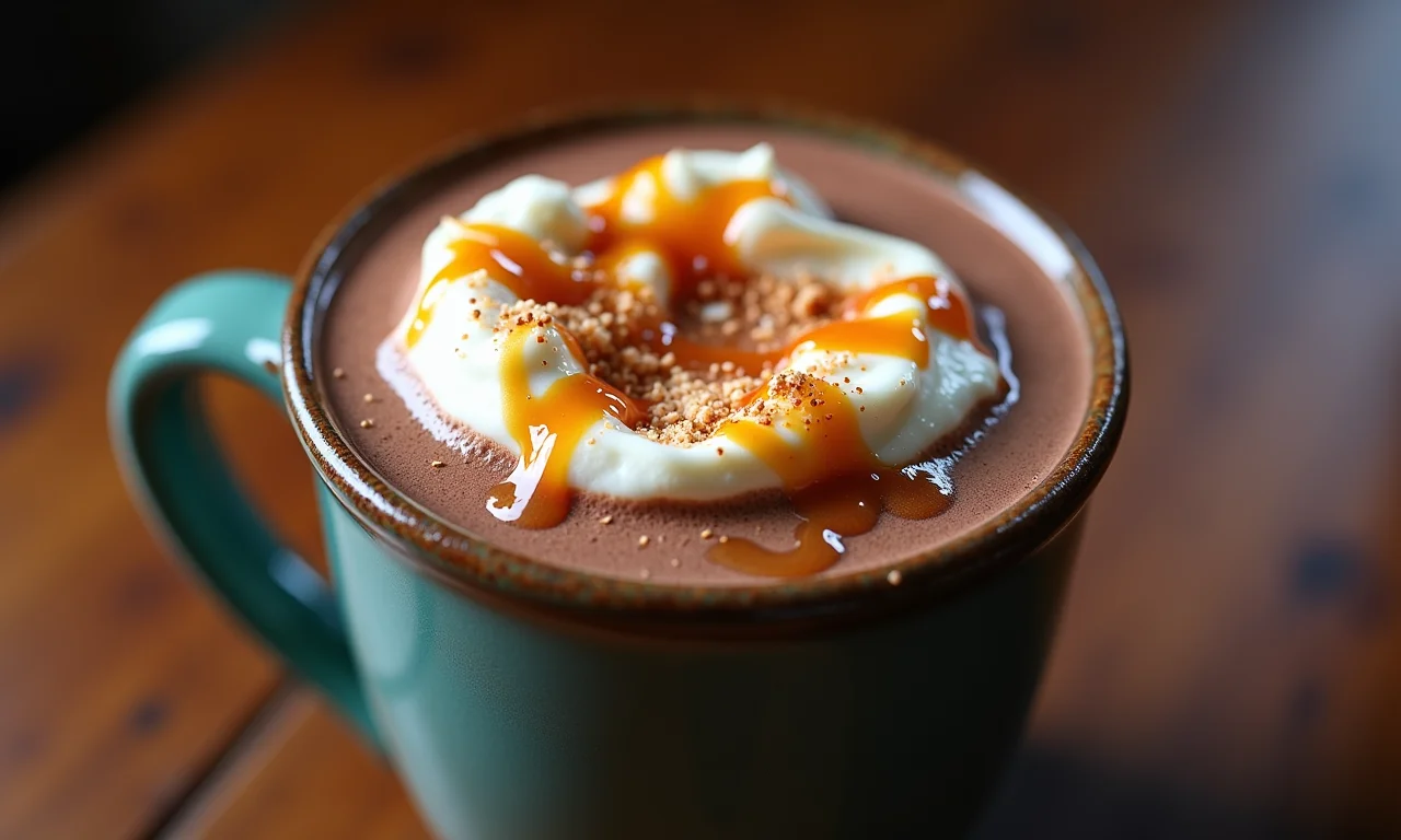 Chocolate quente com caramelo salgado em uma caneca rústica.