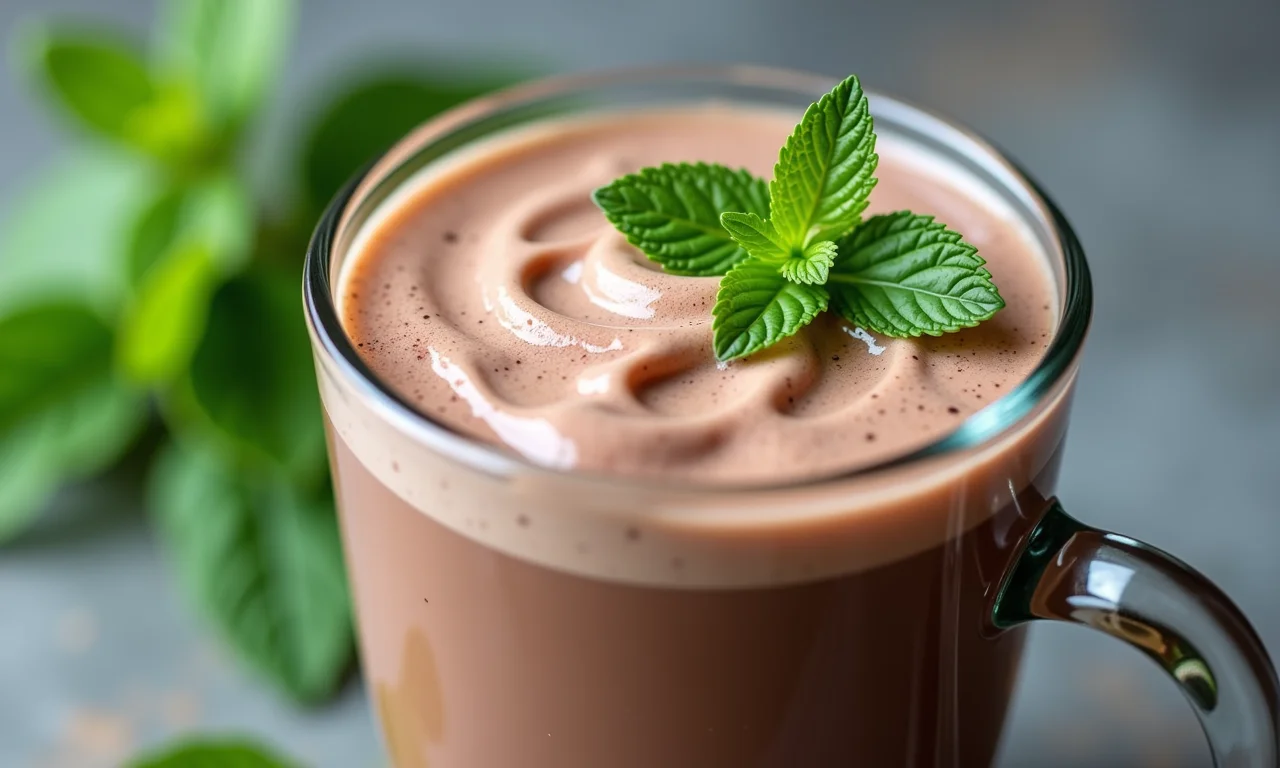 Chocolate quente com menta em um copo de vidro.