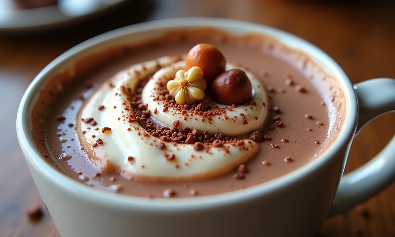 Chocolate quente cremoso com Nutella e avelãs.