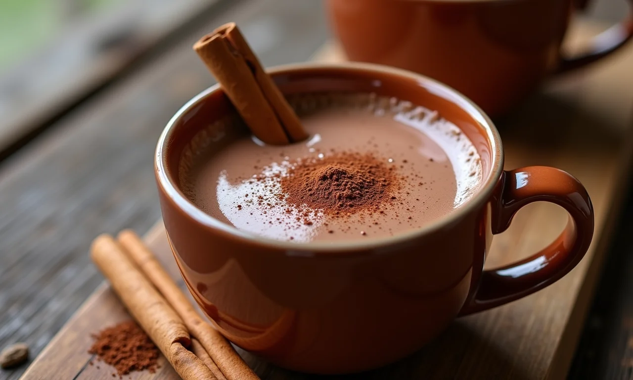 Chocolate quente grosso tradicional em caneca de cerâmica.