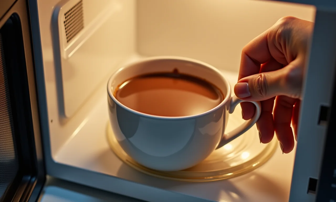 Chocolate quente sendo preparado no microondas.