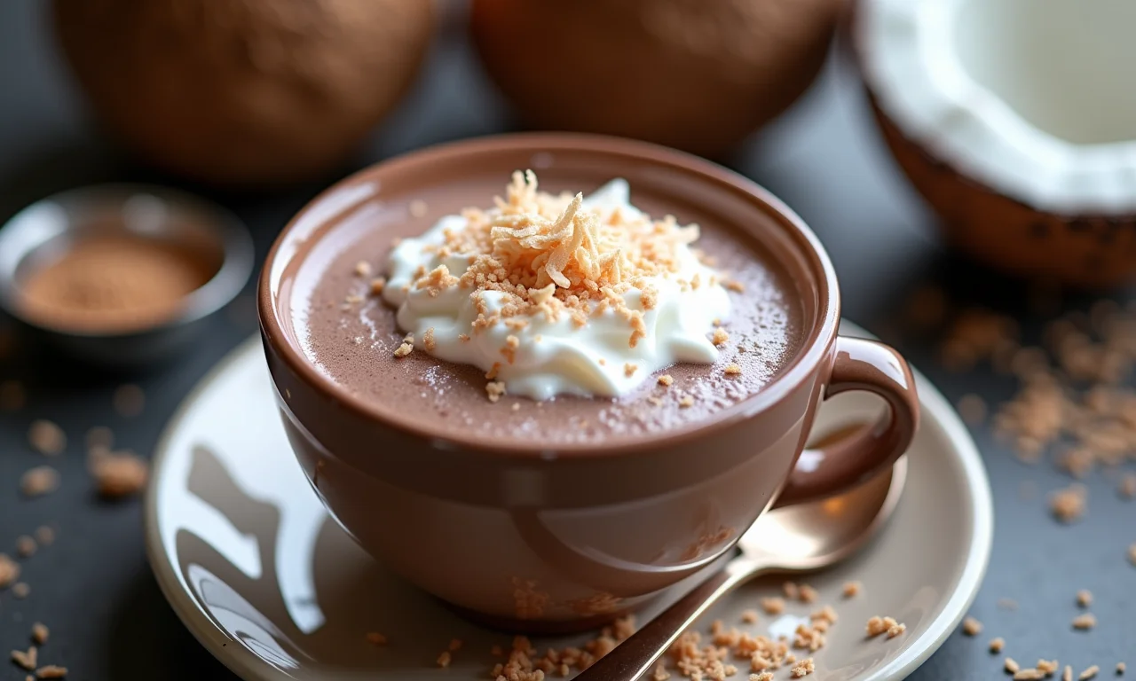 Chocolate quente vegano com leite de coco e coco ralado.
