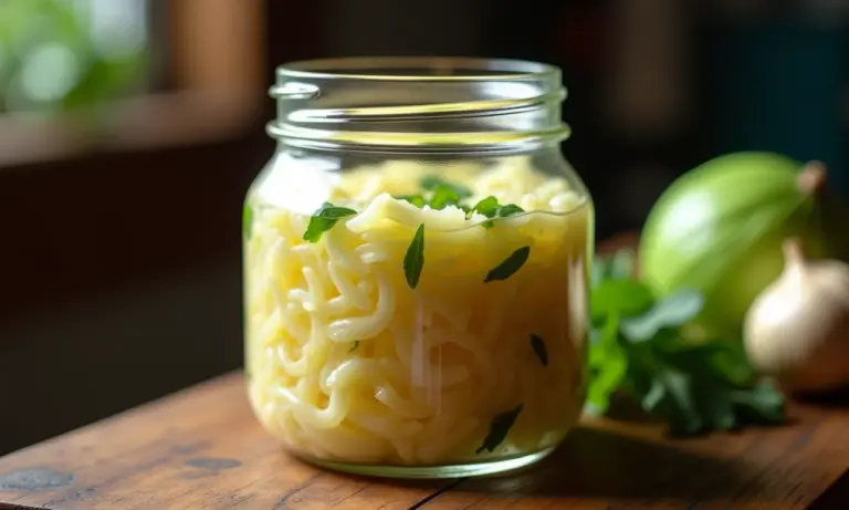 Chucrute caseiro fermentado em pote de vidro.