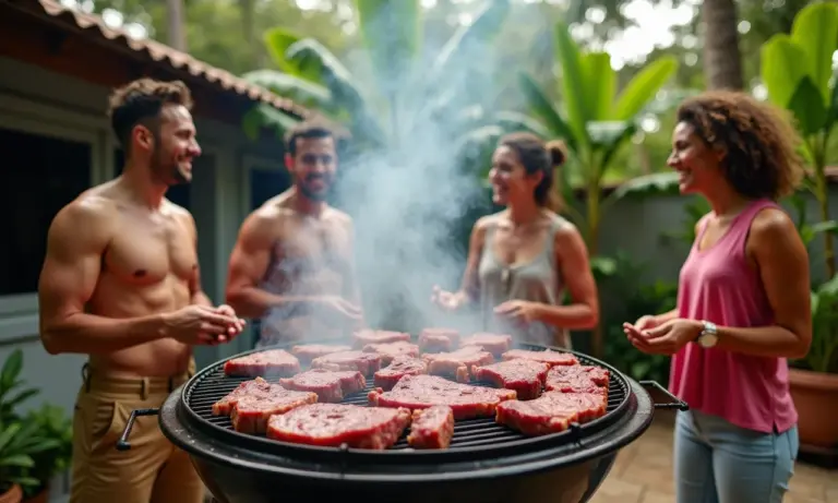 Churrasco brasileiro com amigos e família em volta da churrasqueira.
