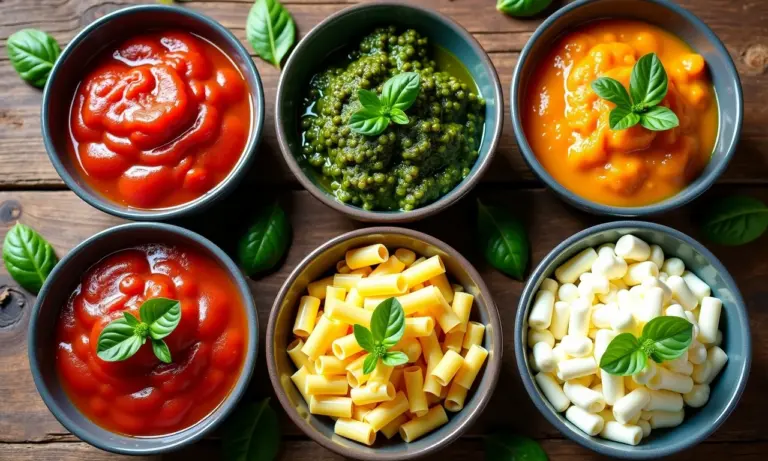 Cinco tigelas com molhos caseiros para macarrão: tomate, pesto, alho e óleo, limão cremoso e abobrinha com ricota.