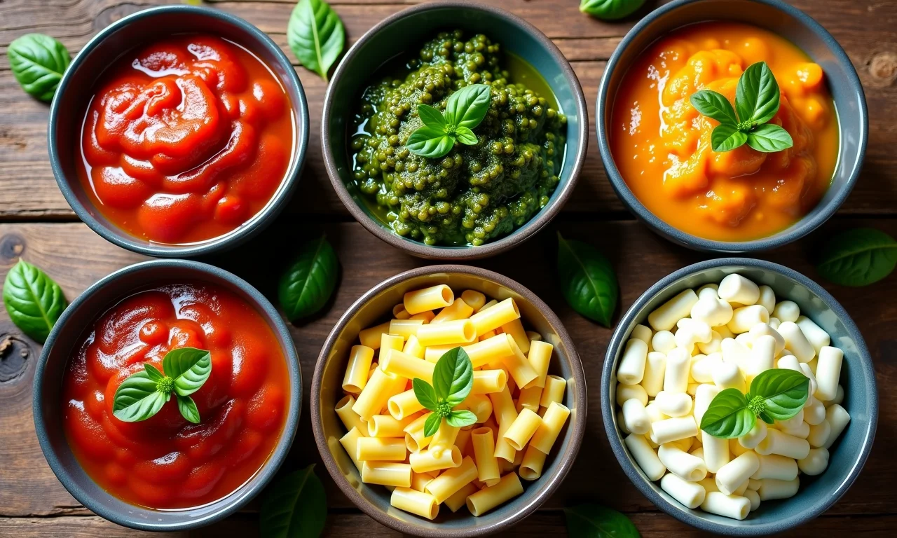 Cinco tigelas com molhos caseiros para macarrão: tomate, pesto, alho e óleo, limão cremoso e abobrinha com ricota.