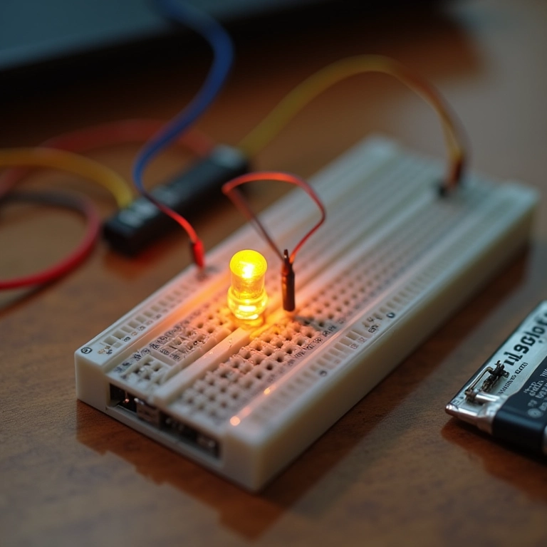 Circuito DIY simples com LED piscante, bateria e resistor em uma protoboard.