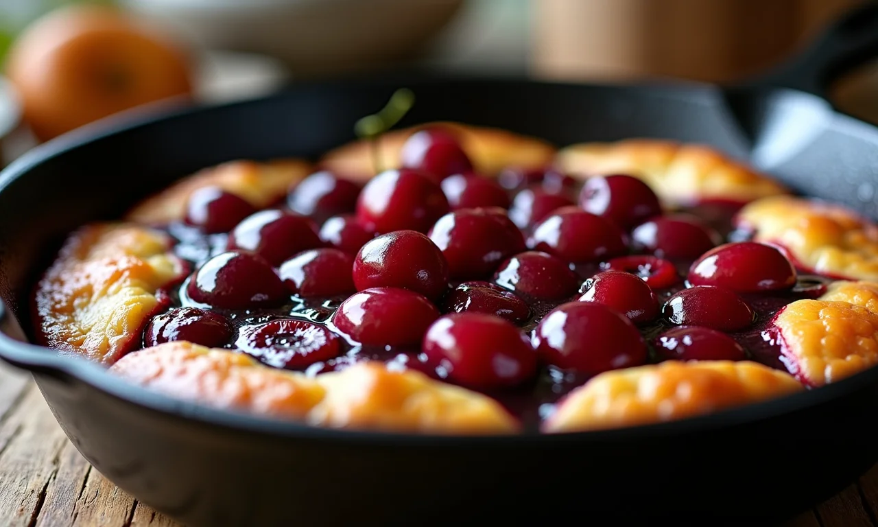 Clafoutis de cereja com cerejas brilhantes em frigideira de ferro.