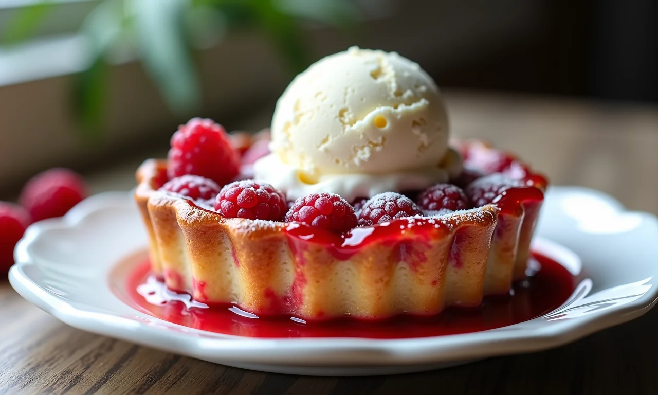 Clafoutis de framboesa com cores vibrantes e sorvete de baunilha.