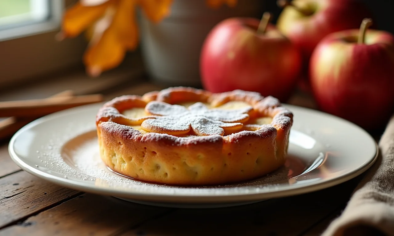 Clafoutis de maçã com canela servido quente em um prato.