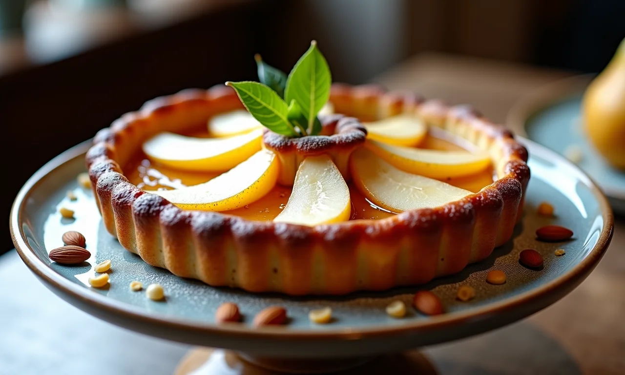 Clafoutis de pera com amêndoas em suporte de bolo elegante.