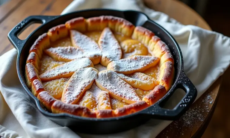 Clafoutis rústico polvilhado com açúcar em mesa de madeira.