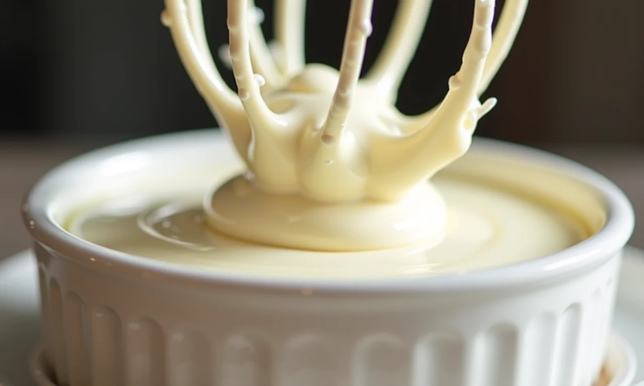 Claras de ovos sendo batidas em picos firmes, demonstrando o segredo da leveza do dacquoise.