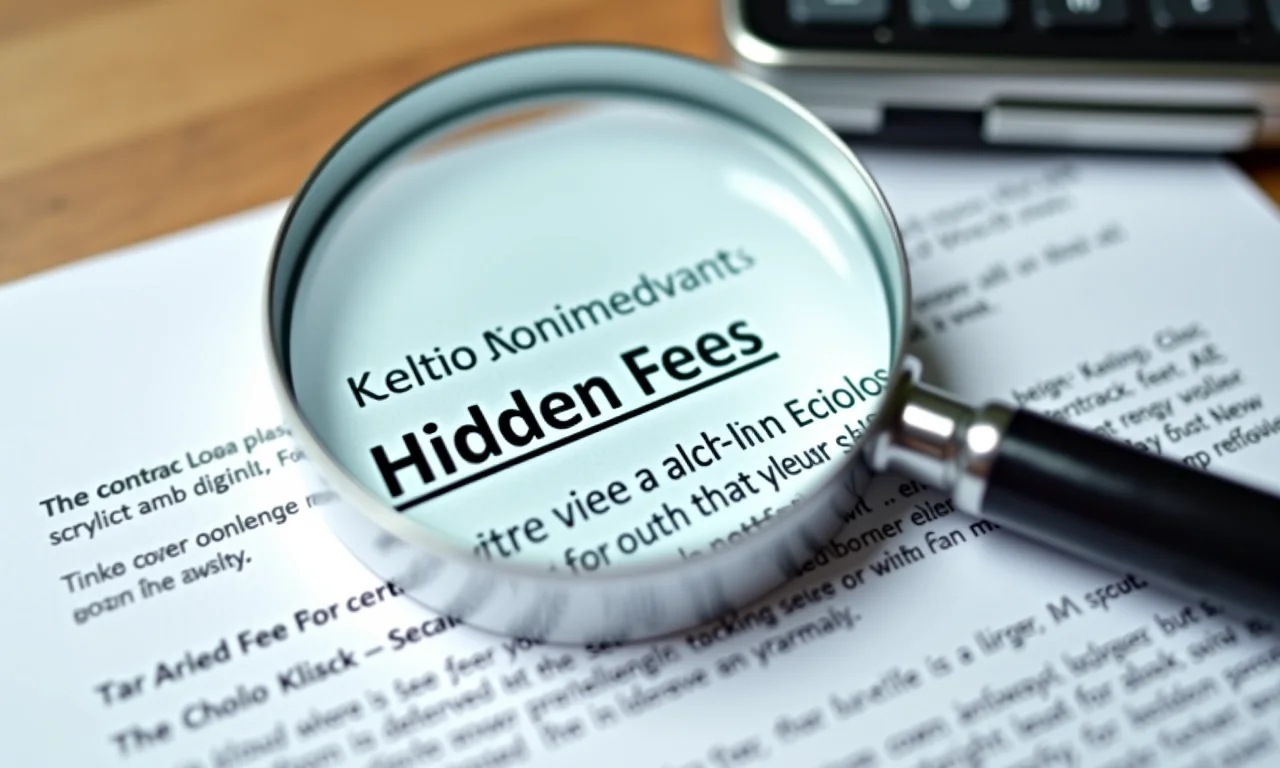 Cláusulas de contrato de financiamento com lupa focando em taxas escondidas.