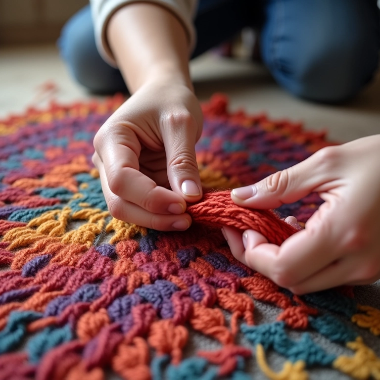 Close-up das mãos mostrando a técnica de crochê em um tapete de lã.