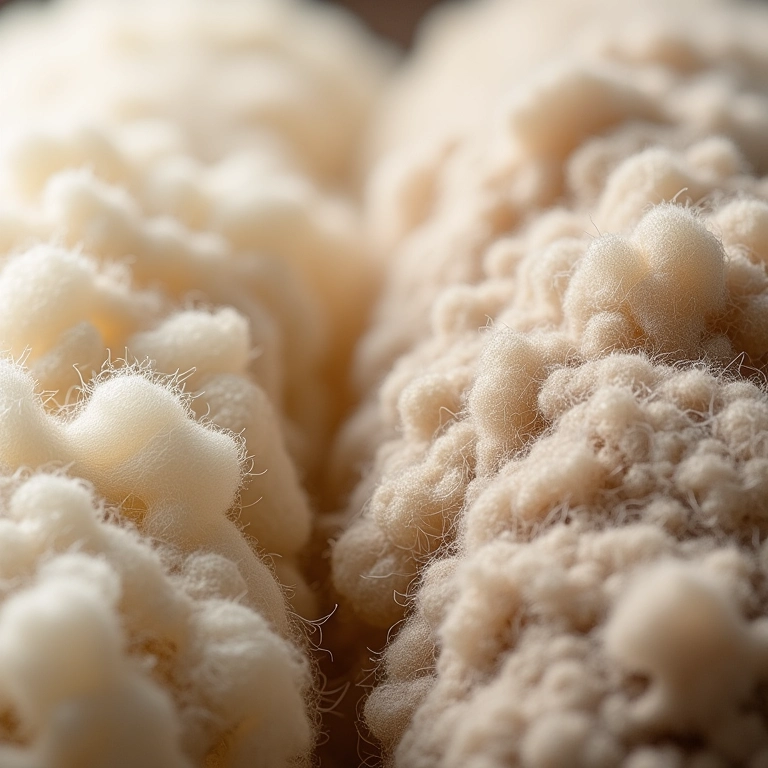 Close-up de diferentes tipos de lã para tapetes, comparando texturas.